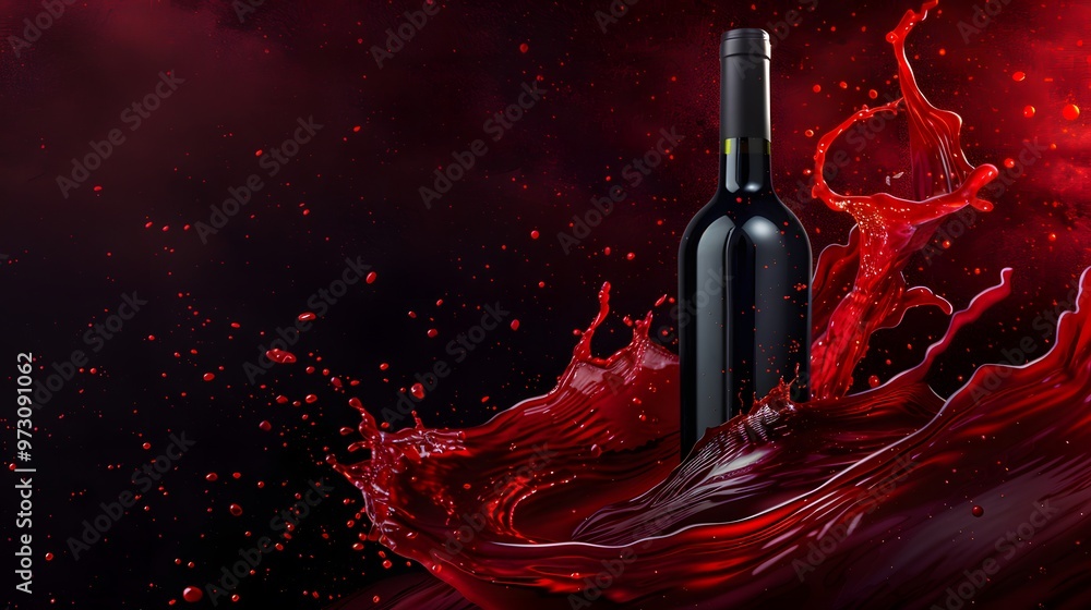 Fototapeta premium Wine Bottle with Red Wine Splash: A wine bottle with a splash of red wine flowing around it. 