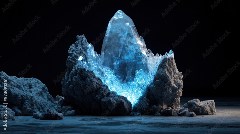 A stunning crystal formation radiating with blue light, surrounded by textured rocky structures, perfect for artistic and nature projects. A stunning crystal formation radiating with blue light, surrounded by textured rocky structures, perfect for artistic and nature projects.