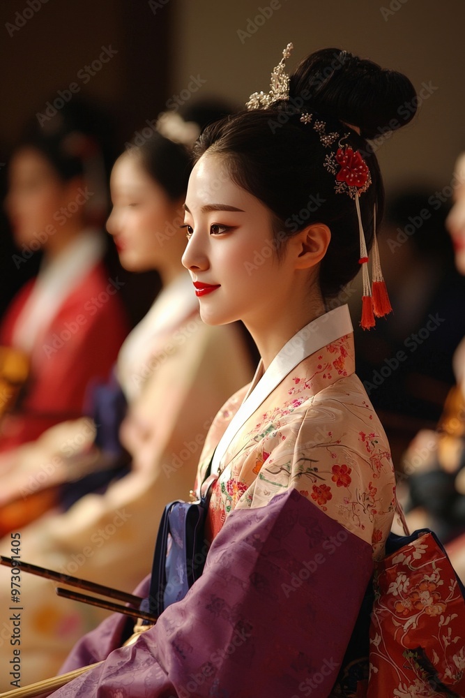 Traditional Korean Hanbok fashion show, with models displaying the elegant and colorful attire, reflecting the beauty and grace of Korean culture Traditional Korean Hanbok fashion show, with models displaying the elegant and colorful attire, reflecting the beauty and grace of Korean culture