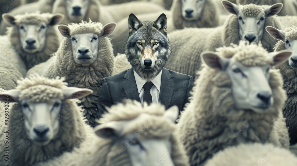 A man in a business suit, wearing a wolf's head and a shepherd's hat, stands among white sheep, creating an ironic visual contrast. A man in a business suit, wearing a wolf's head and a shepherd's hat, stands among white sheep, creating an ironic visual contrast.