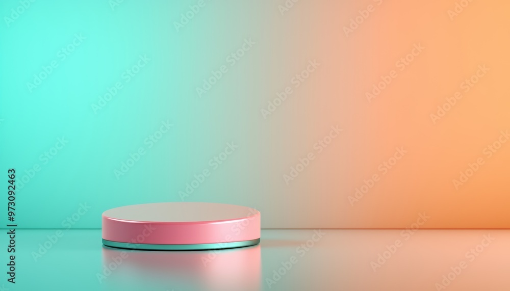 A glossy, minimal podium reflecting soft light, with a gradient background fading from deep teal to pastel peach A glossy, minimal podium reflecting soft light, with a gradient background fading from deep teal to pastel peach