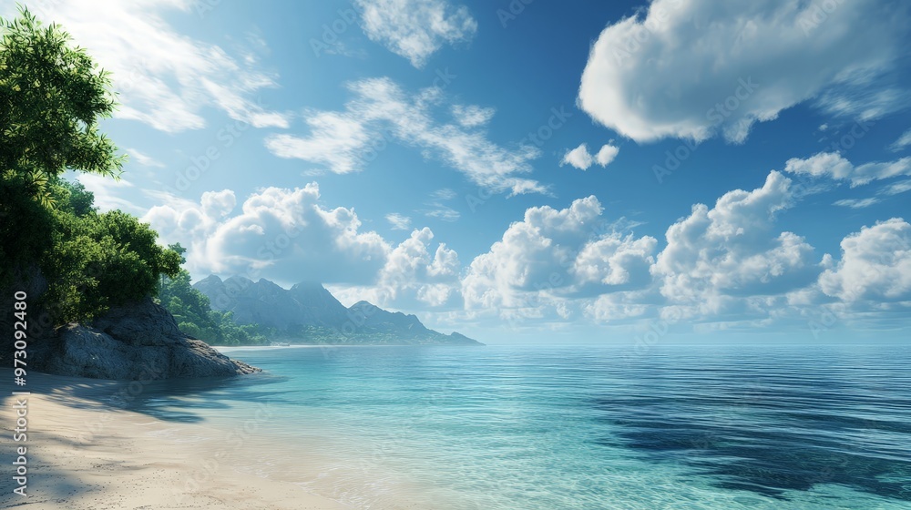 Design a serene beach environment with a sky full of puffy clouds and a calm, clear sea, creating a picturesque Design a serene beach environment with a sky full of puffy clouds and a calm, clear sea, creating a picturesque