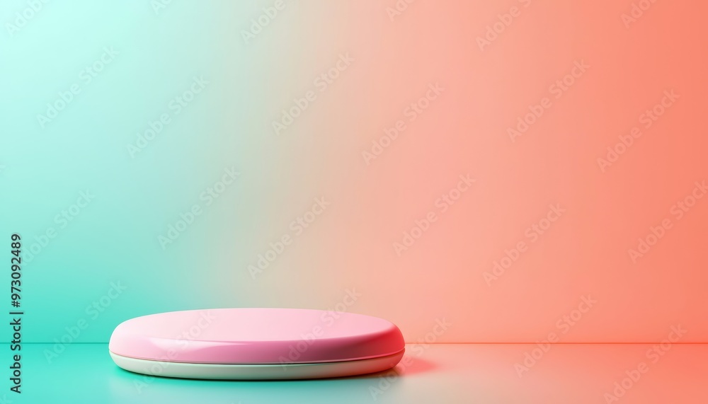 A glossy, minimal podium reflecting soft light, with a gradient background fading from deep teal to pastel peach A glossy, minimal podium reflecting soft light, with a gradient background fading from deep teal to pastel peach