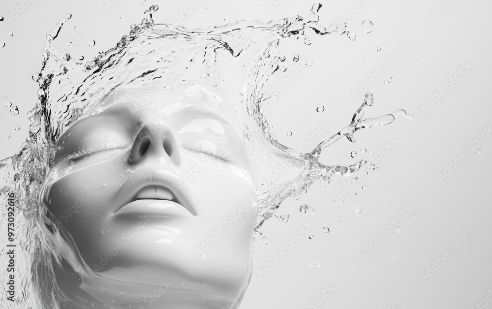A serene mannequin head surrounded by splashes of water, showcasing elegance and tranquility in a minimalist setting. A serene mannequin head surrounded by splashes of water, showcasing elegance and tranquility in a minimalist setting.