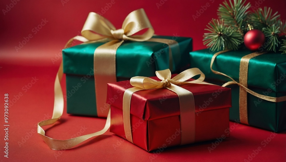 Two gift boxes tied with satin ribbons, complemented by Christmas tree decorations on a vibrant red background with space for text. Two gift boxes tied with satin ribbons, complemented by Christmas tree decorations on a vibrant red background with space for text.