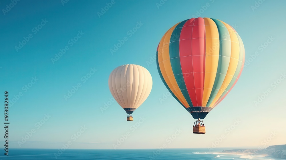 Hot air balloons soaring above a coastal town, clear sky and ocean waves rolling below, Bright sunlight, vibrant colors, peaceful Hot air balloons soaring above a coastal town, clear sky and ocean waves rolling below, Bright sunlight, vibrant colors, peaceful
