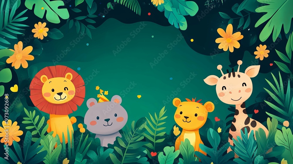 Four Cartoon Animals Surrounded by Lush Green Foliage Four Cartoon Animals Surrounded by Lush Green Foliage