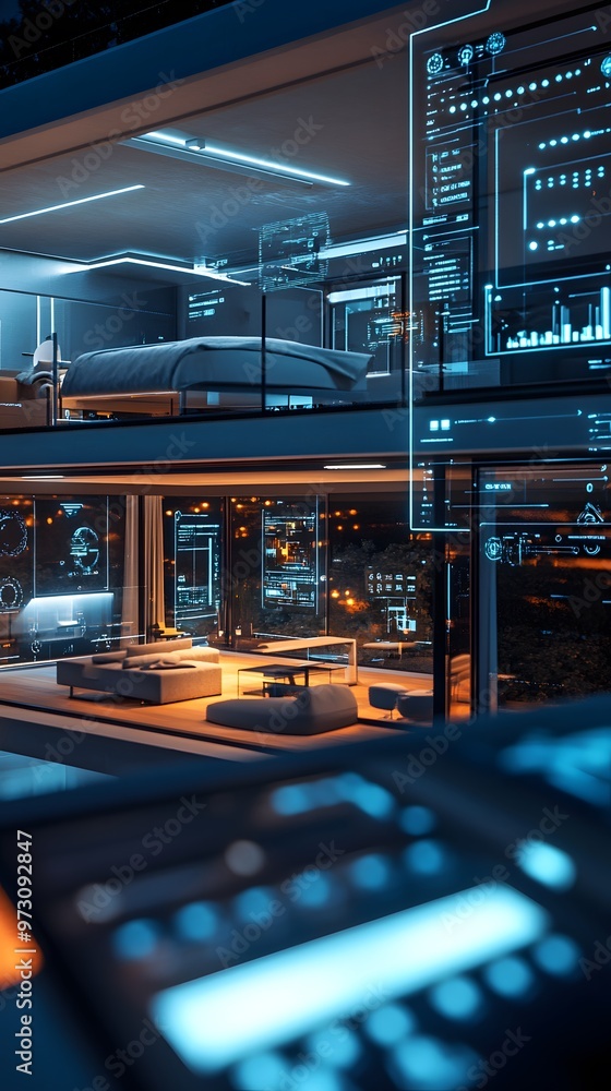 A smart home with various digital screens displaying energy-efficient features, set in an elegant modern house at night A smart home with various digital screens displaying energy-efficient features, set in an elegant modern house at night