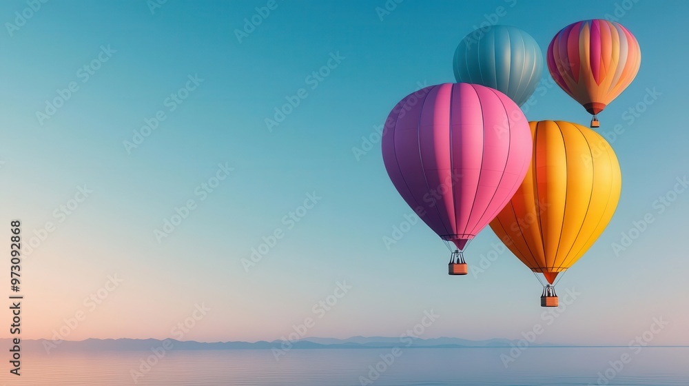 Fototapeta premium A cluster of vibrant hot air balloons floating above a calm lake, reflected on the water s surface, Clear sky, soft lighting, pastel hues