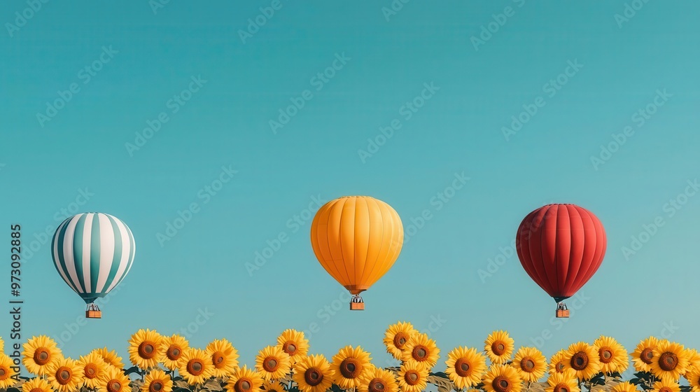 Fototapeta premium Hot air balloons floating above a field of sunflowers, the bright yellow flowers glowing under a clear blue sky, Cheerful, vibrant colors, bright light