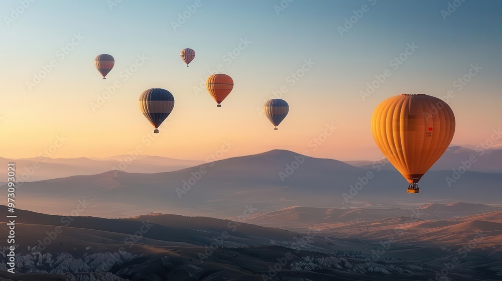 Fototapeta premium Hot air balloons soaring over a mountain range at dawn, with the clear sky transitioning from night to day, Majestic, warm tones, soft light