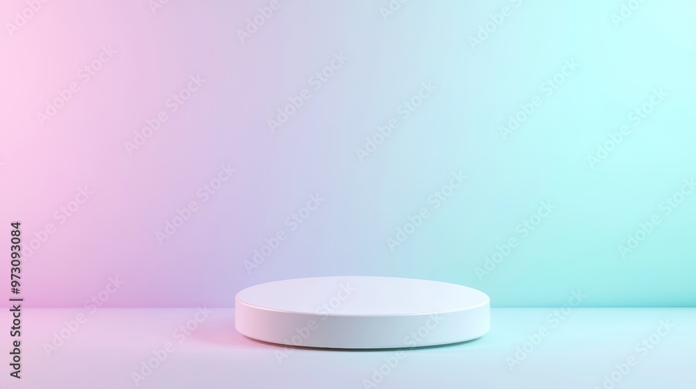 A clean, white podium with subtle reflections, hovering on a gradient background moving from pastel lilac to pale turquoise A clean, white podium with subtle reflections, hovering on a gradient background moving from pastel lilac to pale turquoise