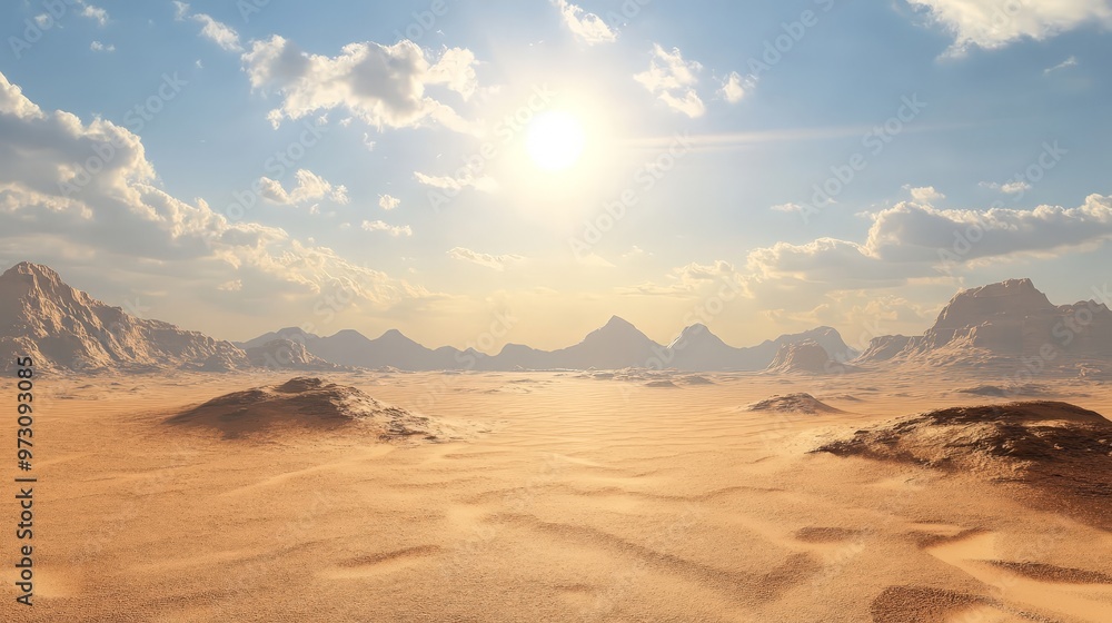 Naklejka premium midday desert sun overhead, with stark, harsh light casting dramatic shadows across the rugged, sandy terrain and barren dunes