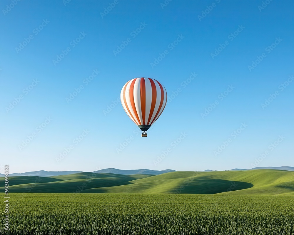 Naklejka premium A lone hot air balloon soaring over a wide expanse of rolling green hills under a clear blue sky, Peaceful, bright light, serene