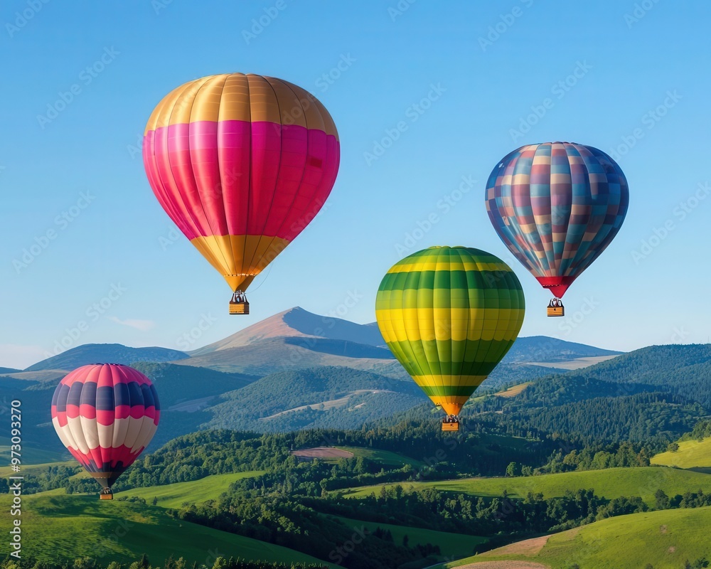Fototapeta premium A group of hot air balloons soaring over a lush green valley, clear sky above and mountains in the distance, Natural beauty, soft light, peaceful