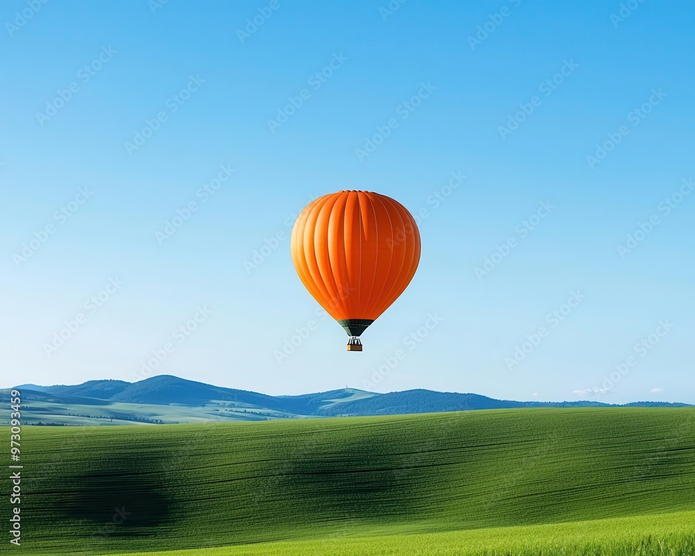 Naklejka premium A lone hot air balloon soaring over a wide expanse of rolling green hills under a clear blue sky, Peaceful, bright light, serene