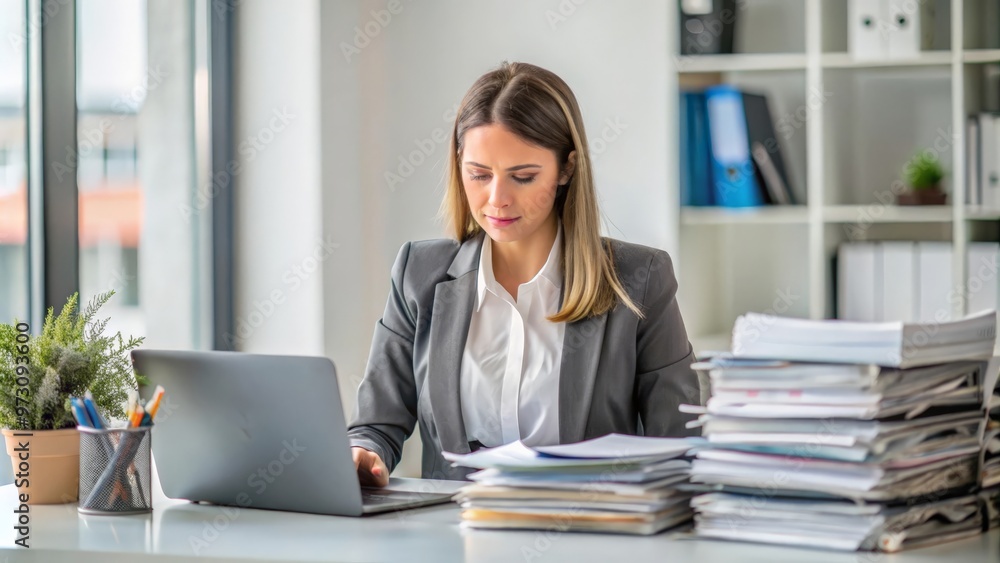 Workaholic female accountant with many Files at office desk Workaholic female accountant with many Files at office desk