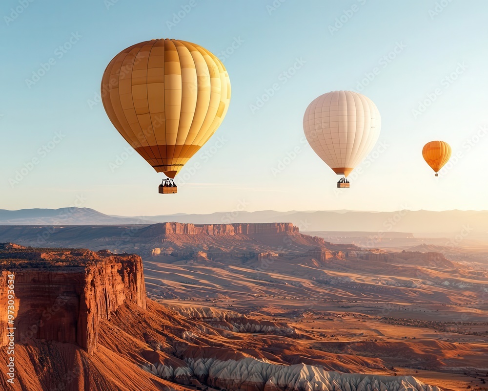 Hot air balloons drifting over a canyon, the clear sky contrasting with the red rock formations below, Warm tones, bright sunlight, dramatic landscape Hot air balloons drifting over a canyon, the clear sky contrasting with the red rock formations below, Warm tones, bright sunlight, dramatic landscape