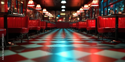 A retrostyle diner with red booths, checkered floors, and neon signs, capturing the essence of traditional American dining culture