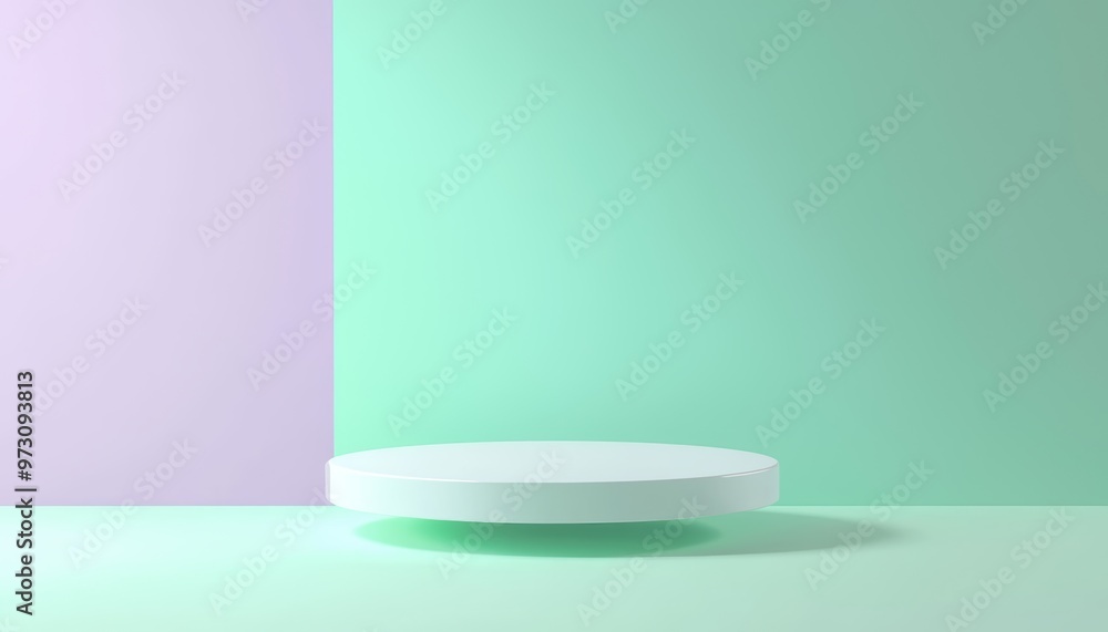A floating, transparent 3D podium with a soft shadow on a background that transitions smoothly from mint green to soft lavender A floating, transparent 3D podium with a soft shadow on a background that transitions smoothly from mint green to soft lavender