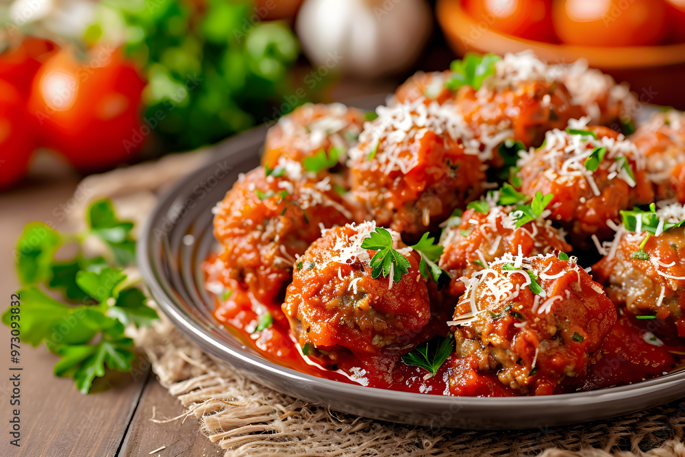 Delicious meatballs with tomato sauce and Parmesan on a rustic kitchen with fresh ingredients Delicious meatballs with tomato sauce and Parmesan on a rustic kitchen with fresh ingredients