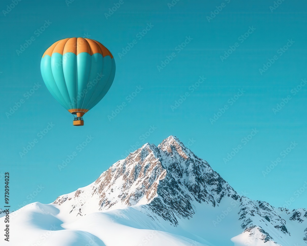 A single hot air balloon floating above a snowy mountain peak, with the clear sky and crisp winter sun, Majestic, cool tones, bright light A single hot air balloon floating above a snowy mountain peak, with the clear sky and crisp winter sun, Majestic, cool tones, bright light