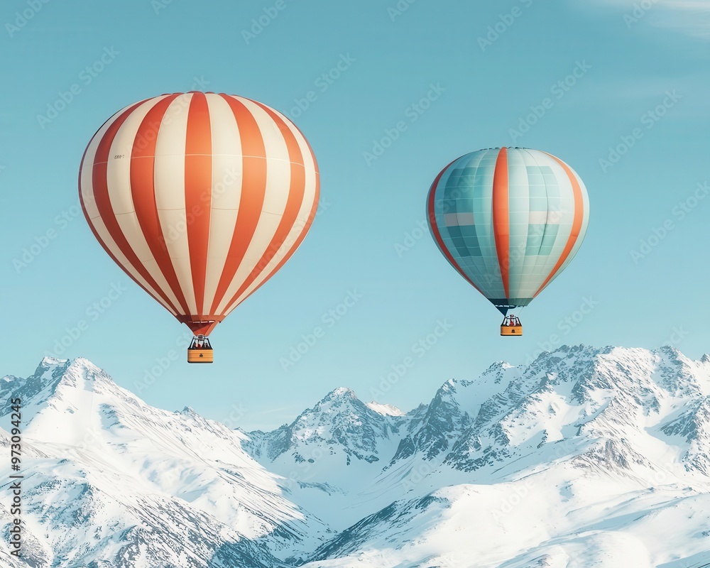 Hot air balloons soaring above snowy mountains under a bright clear sky, Cool tones, crisp air, majestic landscape Hot air balloons soaring above snowy mountains under a bright clear sky, Cool tones, crisp air, majestic landscape