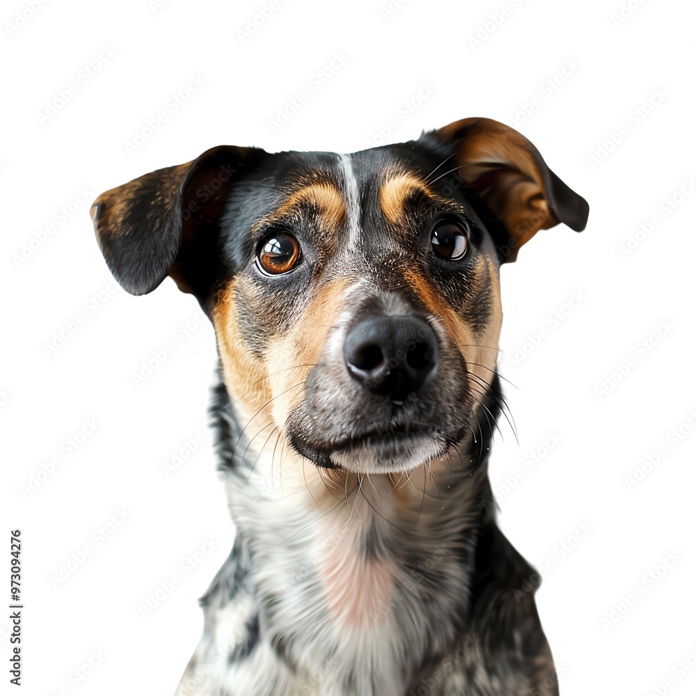 Close-up portrait of an alert and cute mixed-breed dog with expressive eyes and floppy ears on a white background. Close-up portrait of an alert and cute mixed-breed dog with expressive eyes and floppy ears on a white background.