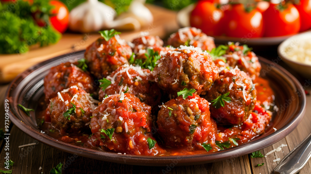 Delicious plate of meatballs in tomato sauce, garnished with fresh parsley on a rustic kitchen Delicious plate of meatballs in tomato sauce, garnished with fresh parsley on a rustic kitchen