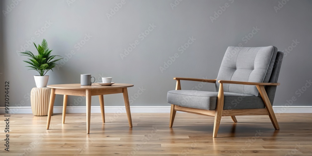 Stylish grey wooden chair and trendy wooden coffee table in empty living room interior Stylish grey wooden chair and trendy wooden coffee table in empty living room interior