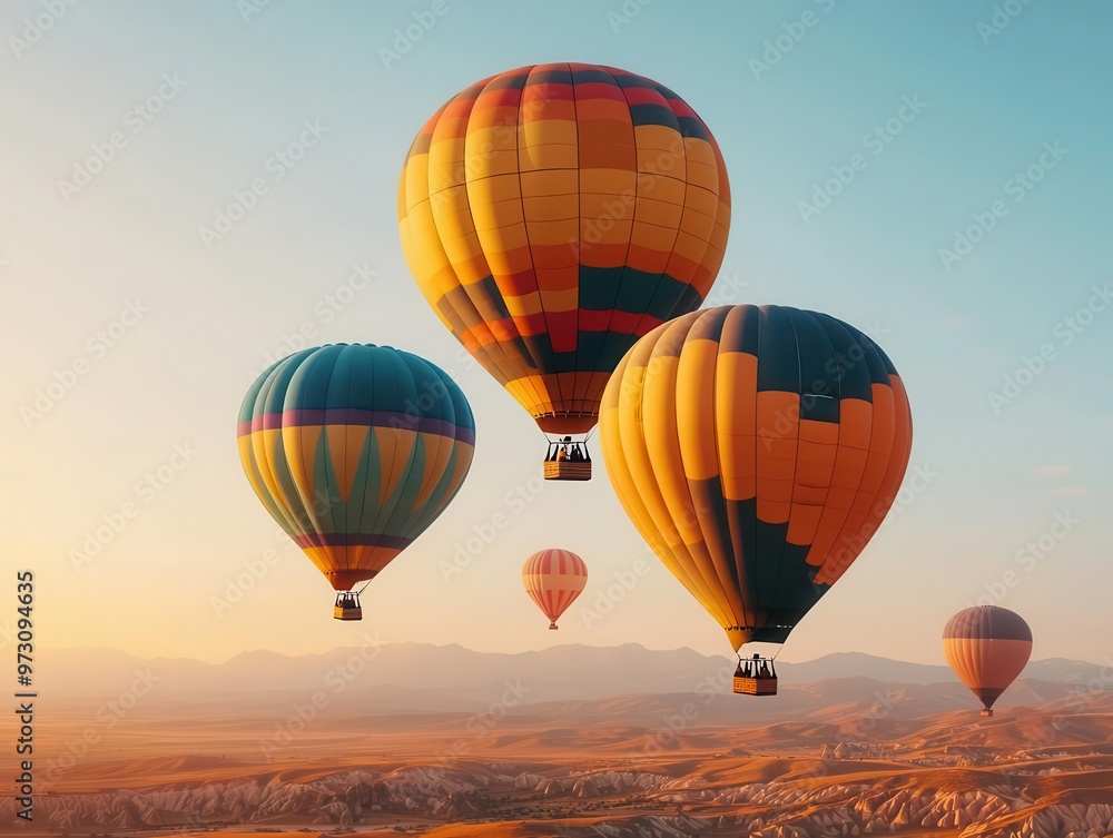 Obraz premium Colorful hot air balloons drifting over a desert landscape at dawn, the sky transitioning from night to day, Warm tones, soft light, serene