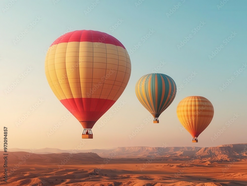 Colorful hot air balloons drifting over a desert landscape at dawn, the sky transitioning from night to day, Warm tones, soft light, serene Colorful hot air balloons drifting over a desert landscape at dawn, the sky transitioning from night to day, Warm tones, soft light, serene