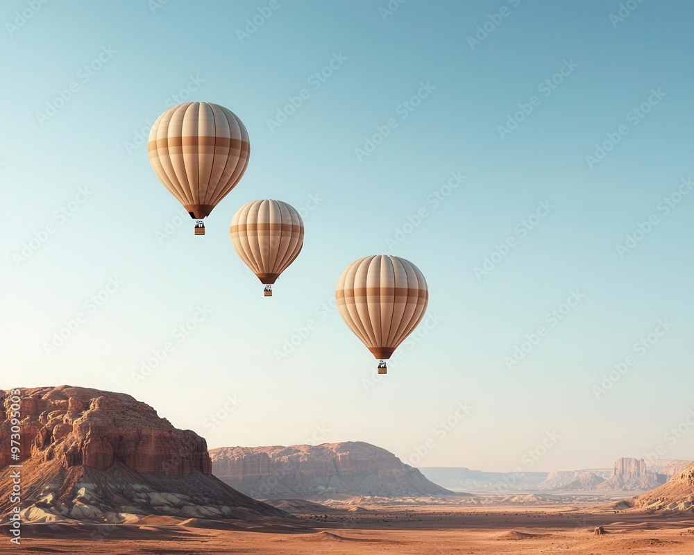 Hot air balloons drifting over a canyon, the clear sky contrasting with the red rock formations below, Warm tones, bright sunlight, dramatic landscape Hot air balloons drifting over a canyon, the clear sky contrasting with the red rock formations below, Warm tones, bright sunlight, dramatic landscape