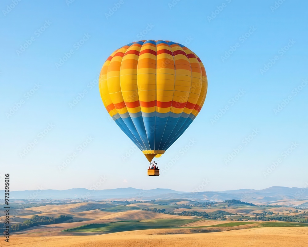Obraz premium A single hot air balloon floating over a quiet countryside, clear blue sky and rolling hills below, Bright light, peaceful, rural charm