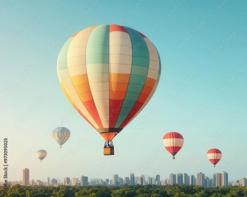 Obraz premium A cluster of hot air balloons floating over a city park on a bright clear day, Urban landscape, cheerful atmosphere, soft light
