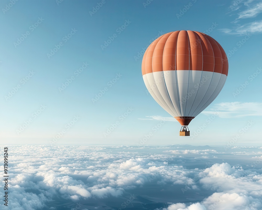 Fototapeta premium A single hot air balloon floating high above the clouds, with a bright blue sky and the earth far below, Dreamlike, soft sunlight, ethereal
