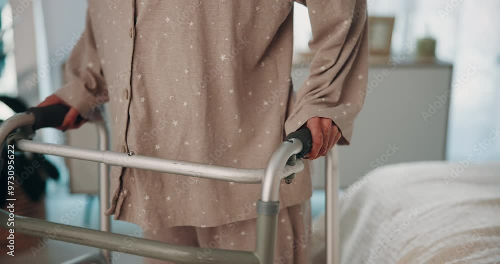 Walker, hands and woman in bedroom in home for surgery recovery, healing or healthcare. Medical stroller, assistance and female person in pajamas with orthopedic support for back operation in house. Walker, hands and woman in bedroom in home for surgery recovery, healing or healthcare. Medical stroller, assistance and female person in pajamas with orthopedic support for back operation in house.