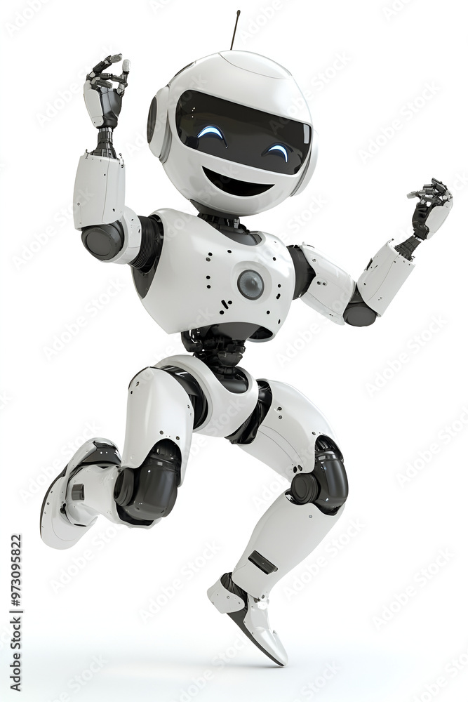Cheerful robot jumping with joy and raising hands, showing enthusiasm and a dynamic pose with a sleek black and white design Cheerful robot jumping with joy and raising hands, showing enthusiasm and a dynamic pose with a sleek black and white design