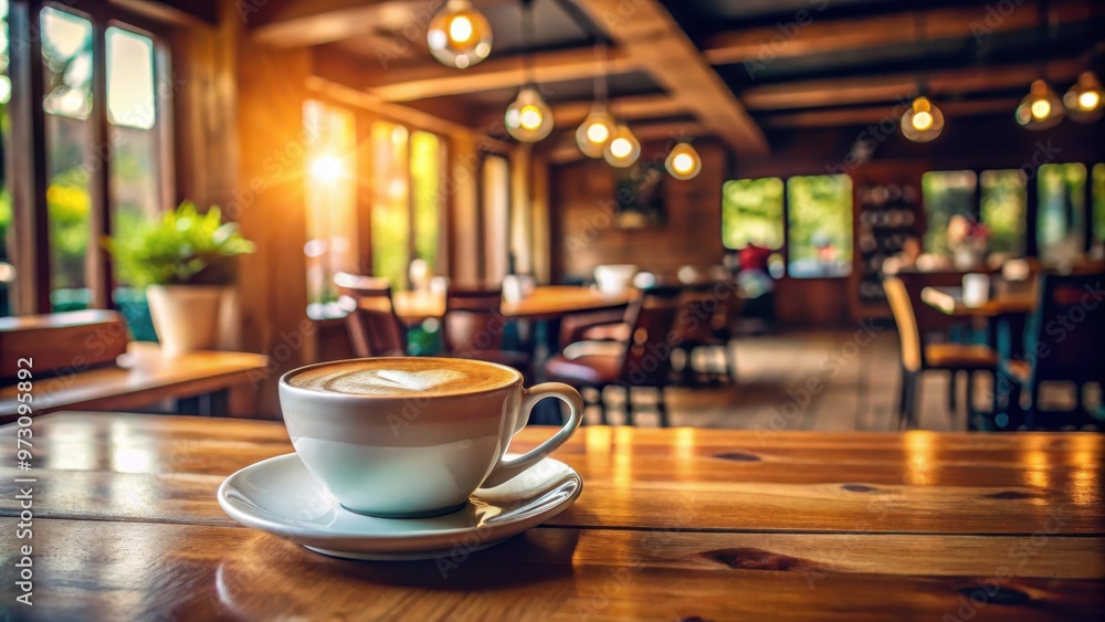 Close-up of a coffee cup on a wooden table in a cozy coffee shop setting Close-up of a coffee cup on a wooden table in a cozy coffee shop setting