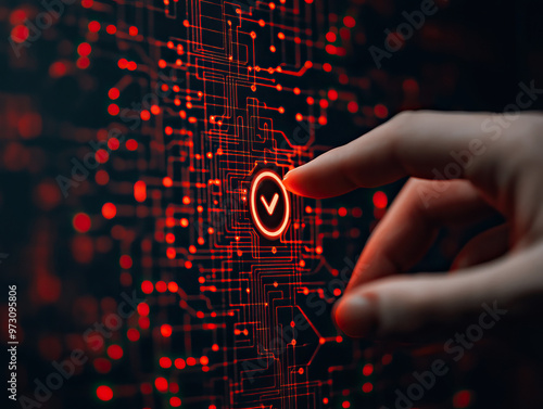 A close-up of a hand pressing a glowing button on a circuit board, symbolizing technology and digital interaction. photo