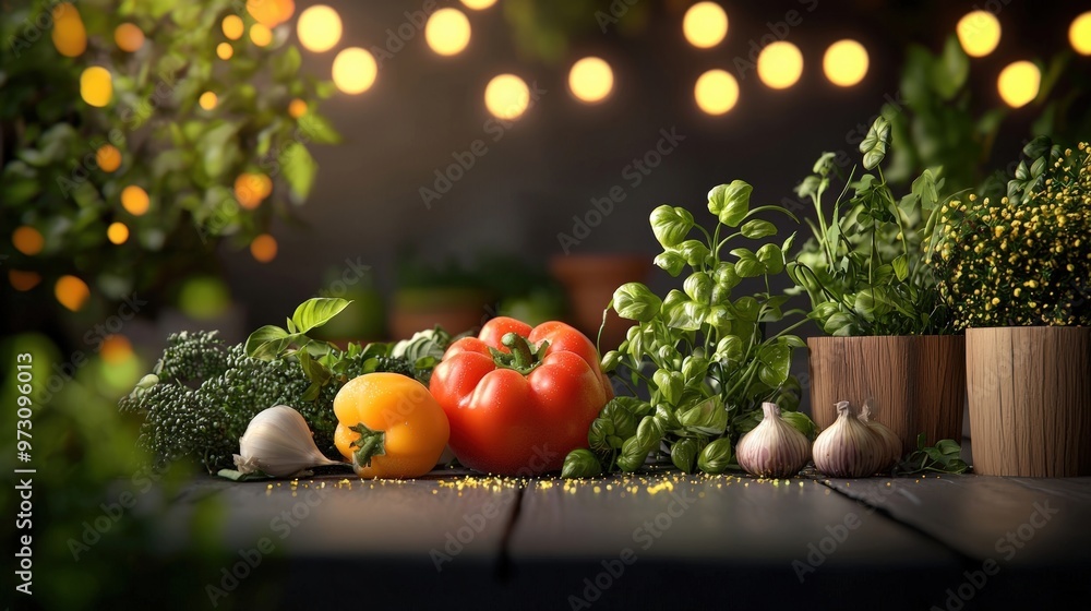 Fresh vegetables arranged beautifully, surrounded by greenery and warm lights, ideal for culinary and gardening themes. Fresh vegetables arranged beautifully, surrounded by greenery and warm lights, ideal for culinary and gardening themes.
