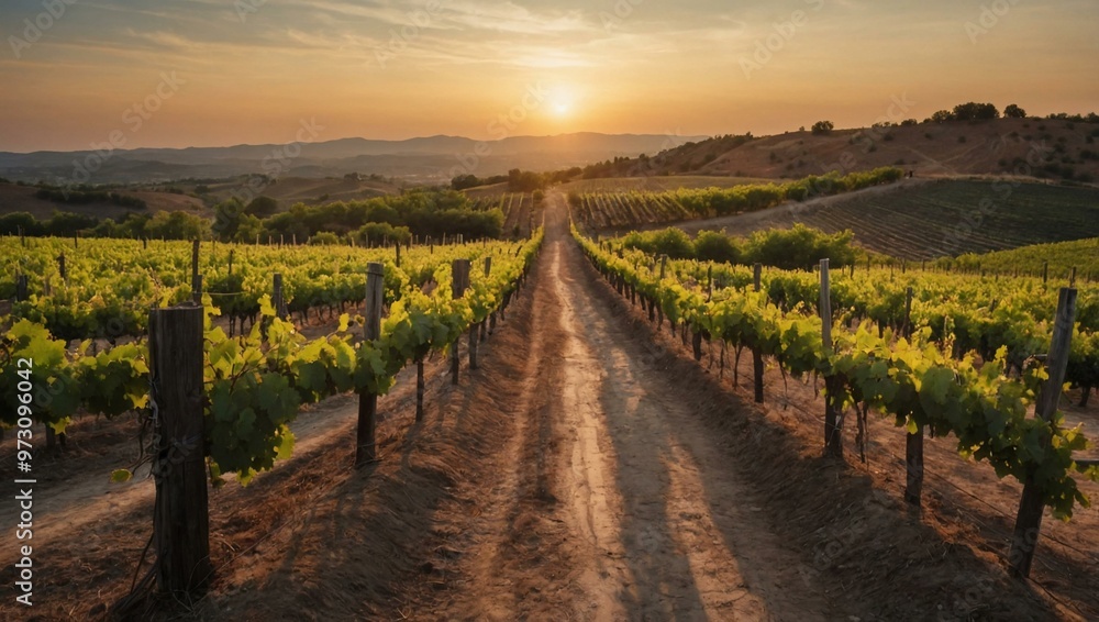 Watercolor of a vineyard path at sunset Watercolor of a vineyard path at sunset