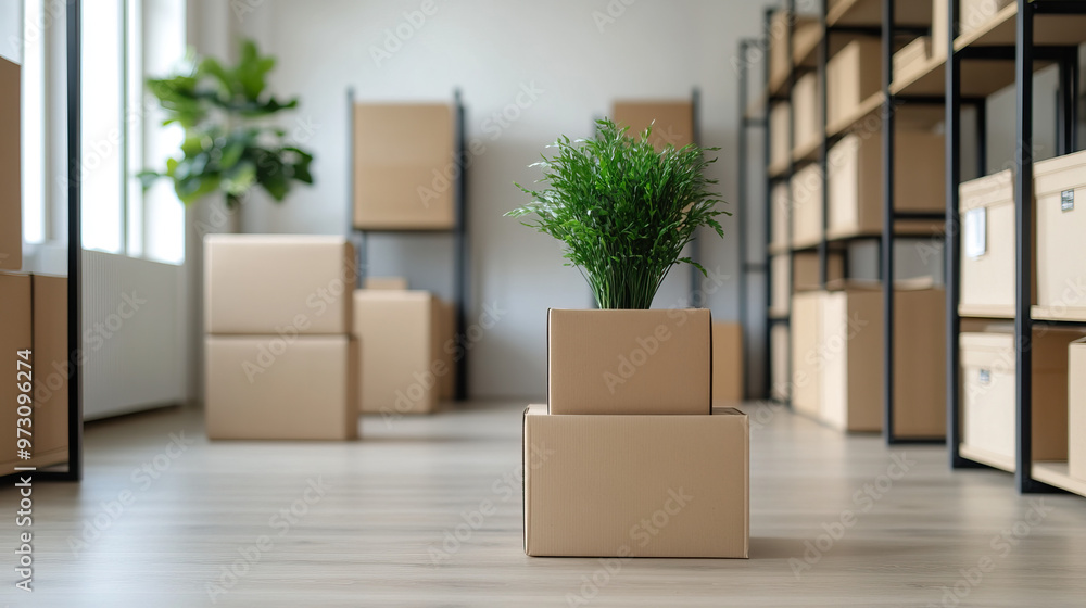 A minimalistic storage space with cardboard boxes and a small potted plant, creating a fresh and organized atmosphere. A minimalistic storage space with cardboard boxes and a small potted plant, creating a fresh and organized atmosphere.