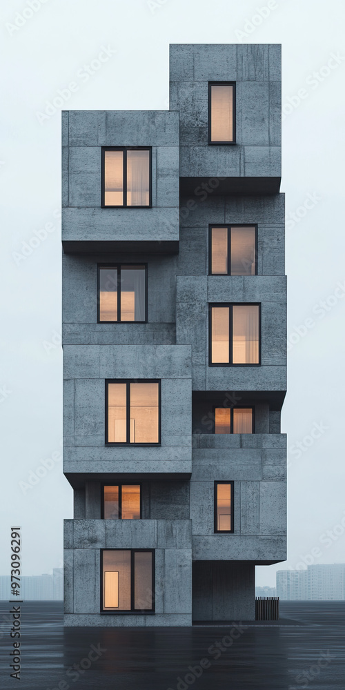 Naklejka premium A modern abstract building design featuring stacked concrete volumes and illuminated windows against a moody sky.