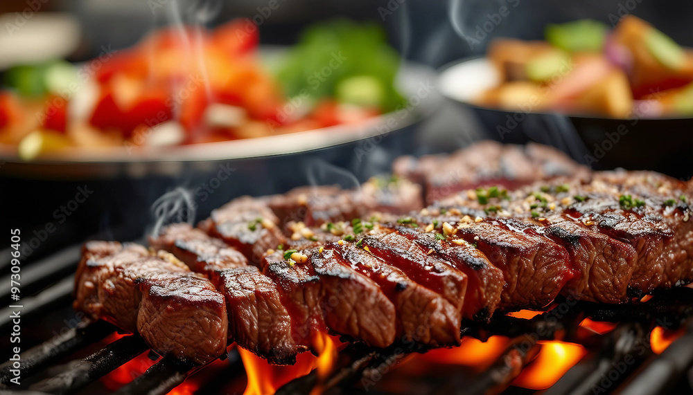 A close-up of a barbecue grill with thick slices of meat sizzling on top. The meat is marbled A close-up of a barbecue grill with thick slices of meat sizzling on top. The meat is marbled