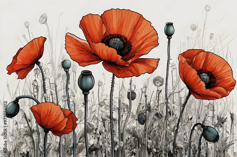 Abstract drawing of a field of poppy flowers using thick black line art ...