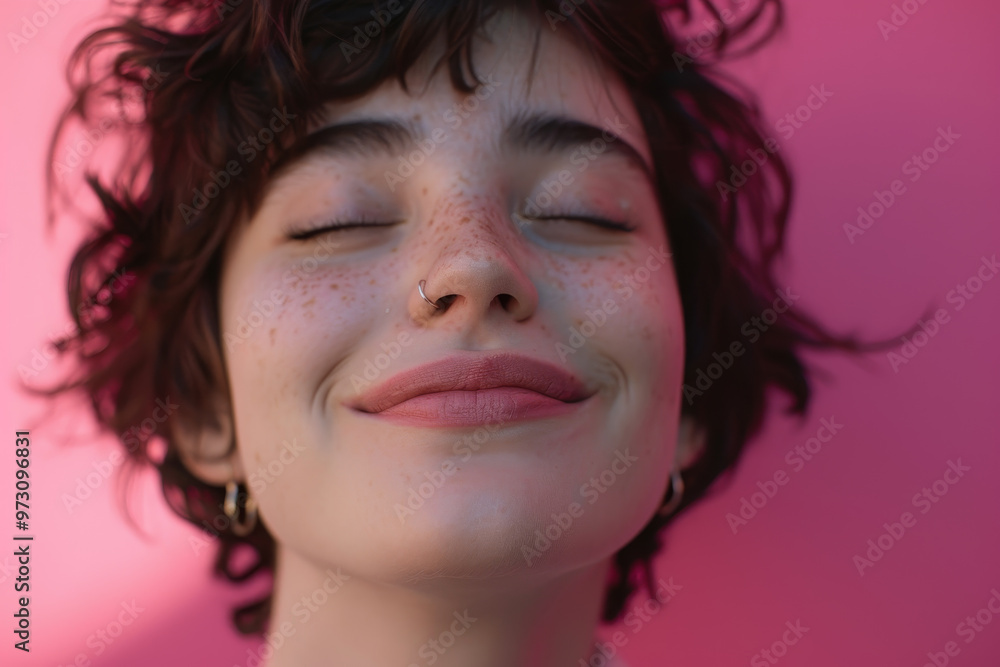 A woman with a nose ring is smiling and looking at the camera A woman with a nose ring is smiling and looking at the camera