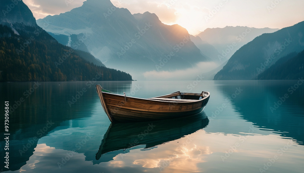 A small wooden boat floating peacefully on a still lake, with towering mountains in the background A small wooden boat floating peacefully on a still lake, with towering mountains in the background