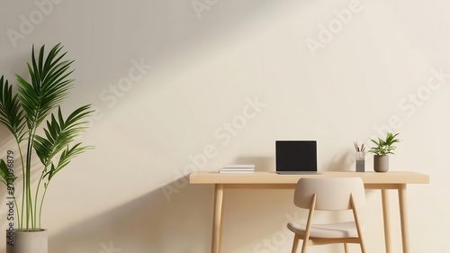 Minimalist Mujistyle home office with light wood desk  neutraltoned chair  and simple shelving  bathed in natural light  home office design  Muji style