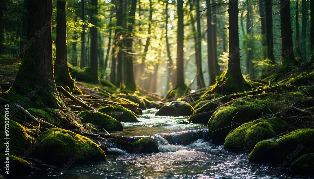 A tranquil forest scene with a narrow stream flowing through the middle. Tall evergreen trees A tranquil forest scene with a narrow stream flowing through the middle. Tall evergreen trees